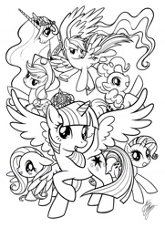 Size: 827x1142 | Tagged: safe, alternate version, artist:marco albiero, imported from derpibooru, applejack, fluttershy, pinkie pie, princess celestia, rainbow dash, rarity, twilight sparkle, alicorn, earth pony, pegasus, pony, unicorn, big crown thingy, black and white, element of magic, grayscale, horn, jewelry, lineart, mane six, monochrome, raised hoof, regalia, spread wings, turned head, twilight sparkle (alicorn), wings