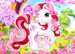 Size: 1158x827 | Tagged: safe, artist:marco albiero, imported from derpibooru, butterfly, pony, always and forever, flower, g3, raised hoof, solo