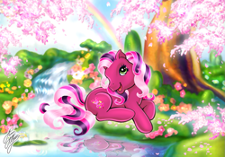 Size: 1181x827 | Tagged: safe, artist:marco albiero, imported from derpibooru, cherry blossom (g3), pony, female, flower, g3, rainbow, smiling, solo, tree, under the tree, water