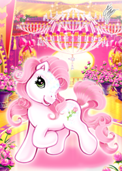 Size: 827x1157 | Tagged: safe, artist:marco albiero, imported from derpibooru, desert rose, pony, ballroom, chandelier, female, flower, g3, i can't believe it's not hasbro studios, pink mane, solo, white body