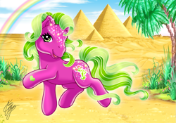 Size: 1181x827 | Tagged: safe, artist:marco albiero, imported from derpibooru, pony, desert, desert blossom, g3, pyramid, rainbow, solo