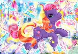 Size: 1142x800 | Tagged: safe, artist:marco albiero, imported from derpibooru, pony, beach, confetti, g3, round 'n round, solo, streamers, surfboard