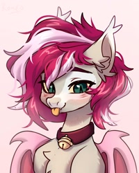 Size: 2800x3500 | Tagged: safe, artist:konejo, imported from derpibooru, oc, oc only, bat pony, pony, :p, bell, bell collar, blushing, collar, ears, green eyes, looking at you, mane, pink background, simple background, solo, spread wings, tongue out, wings