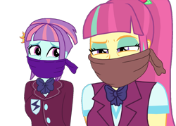 Size: 1301x929 | Tagged: safe, artist:robukun, imported from derpibooru, sour sweet, sunny flare, human, equestria girls, cloth gag, duo, duo female, female, gag, scared, simple background, sour sweet is not amused, tied up, transparent background, unamused, unimpressed