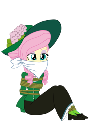 Size: 751x1064 | Tagged: safe, artist:robukun, imported from derpibooru, fluttershy, human, equestria girls, background removed, bondage, bound and gagged, cloth gag, full body, gag, hat, rope, ropes, simple background, solo, tied up, transparent background, western
