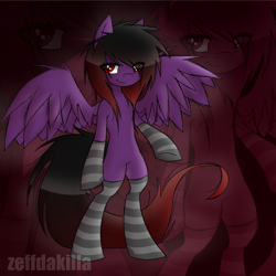 Size: 2000x2000 | Tagged: safe, artist:zeffdakilla, imported from derpibooru, oc, oc only, oc:frankie fang, pegasus, pony, semi-anthro, abstract background, belly, bipedal, clothes, emo, long mane, looking sideways, raised hoof, scene, scene kid, smiling, smirk, socks, solo, spread wings, standing, striped socks, wings, zoom layer