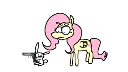 Size: 2048x1154 | Tagged: safe, artist:punkittdev, imported from derpibooru, angel bunny, fluttershy, pegasus, pony, rabbit, animal, duo, female, gun, handgun, looking at each other, looking at someone, male, mare, pistol, simple background, white background
