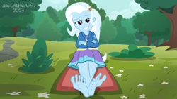 Size: 1280x720 | Tagged: safe, alternate version, artist:metalhead97, imported from derpibooru, trixie, human, equestria girls, barefoot, bedroom eyes, clothes, crossed arms, crossed legs, dress, feet, female, fetish, foot fetish, foot focus, legs, looking at you, park, presenting, show accurate, sitting, skirt, smiling, smiling at you, sweater, wiggling toes