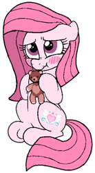 Size: 328x594 | Tagged: safe, artist:noi kincade, imported from derpibooru, oc, oc only, oc:annisa trihapsari, earth pony, pony, blushing, cute, earth pony oc, female, long hair, long mane, long tail, mare, not pinkamena, ocbetes, plushie, simple background, solo, tail, teddy bear, transparent background