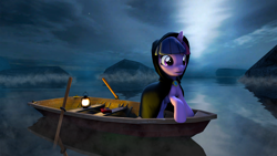 Size: 1920x1080 | Tagged: safe, artist:montaraz13, imported from derpibooru, twilight sparkle, pony, unicorn, 3d, blue background, blue sky, boat, cloak, clothes, journey, lantern, ocean, solo, source filmmaker, travelling, water