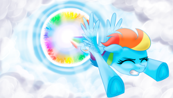 Size: 3840x2160 | Tagged: safe, artist:stellardust, imported from derpibooru, rainbow dash, pegasus, pony, 4k, cloud, eyes closed, female, flying, gritted teeth, high res, mare, rainbow trail, sky, solo, sonic rainboom, spread wings, teeth, underhoof, windswept mane, wings