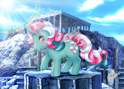 Size: 1142x827 | Tagged: safe, artist:marco albiero, imported from derpibooru, fizzy, pony, twinkle eyed pony, unicorn, bow, detailed background, g1, ruins, solo, tail, tail bow