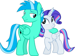 Size: 2258x1679 | Tagged: safe, artist:rarity3257, imported from derpibooru, oc, oc only, oc:sky dancer, oc:stardust falken, alicorn, pegasus, pony, alicorn oc, base used, duo, duo male and female, eyebrows, father and child, father and daughter, female, folded wings, horn, looking at each other, looking at someone, male, mare, not rarity, pegasus oc, photo, side hug, simple background, smiling, smiling at each other, stallion, transparent background, vector, wings