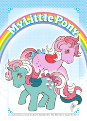 Size: 827x1155 | Tagged: safe, artist:marco albiero, imported from derpibooru, fizzy, galaxy (g1), pony, twinkle eyed pony, unicorn, bow, duo, g1, tail, tail bow