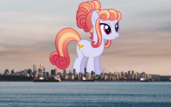 Size: 2048x1284 | Tagged: safe, artist:starryshineviolet, edit, editor:jaredking779, imported from derpibooru, amber laurel, crystal pony, earth pony, pony, background pony, canada, female, giant pony, giant/macro earth pony, giantess, highrise ponies, irl, macro, mega giant, photo, ponies in real life, smiling, solo, story included, vancouver