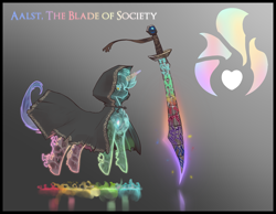 Size: 4500x3500 | Tagged: safe, artist:nsilverdraws, artist:veen, imported from derpibooru, oc, oc only, oc:aalst the blade of society, ghost, ghost pony, pony, undead, unicorn, blade, cloak, clothes, cutie mark, floating, genderless, glowing, glowing eyes, magic, rainbow, reference sheet, scimitar, spirit, sword, weapon