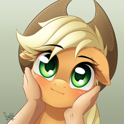 Size: 3500x3500 | Tagged: safe, artist:fadlihalimns, imported from derpibooru, applejack, earth pony, human, pony, :i, cute, female, floppy ears, high res, human pov, jackabetes, looking at you, mare, offscreen character, offscreen human, pov, squeezing, weapons-grade cute