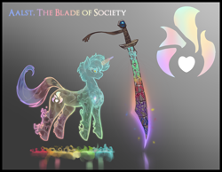 Size: 4500x3500 | Tagged: safe, alternate version, artist:nsilverdraws, artist:veen, imported from derpibooru, oc, oc only, oc:aalst the blade of society, ghost, ghost pony, pony, undead, unicorn, blade, cutie mark, floating, genderless, glowing, glowing eyes, magic, rainbow, reference sheet, scimitar, spirit, sword, weapon