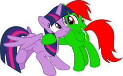 Size: 2646x1642 | Tagged: safe, artist:poniesmemes, artist:sollace, derpibooru exclusive, edit, imported from derpibooru, twilight sparkle, oc, oc:geoffrey sambursky, alicorn, pegasus, pony, stranger than fan fiction, close-up, cute, duo, duo female, female, hug, looking at each other, looking at someone, mare, scrunchy face, simple background, smiling, spread wings, transparent background, twilight sparkle (alicorn), wings