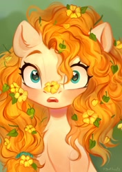 Size: 904x1280 | Tagged: safe, artist:sofiko-ko, imported from derpibooru, pear butter, earth pony, pony, blushing, cute, female, flower, flower in hair, flower on nose, looking at you, mare, open mouth, pearabetes, solo