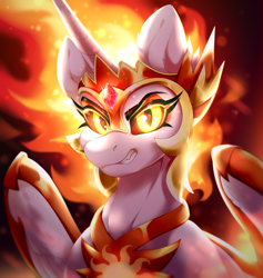 Size: 2672x2824 | Tagged: safe, artist:rico_chan, imported from derpibooru, daybreaker, alicorn, pony, angry, bust, crown, fire, g4, gem, glowing, glowing eyes, jewelry, looking at you, portrait, regalia, slit pupils, snake eyes, solo, teeth, wings