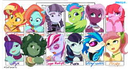 Size: 3550x1920 | Tagged: safe, artist:maren, imported from derpibooru, coloratura, dj pon-3, inky rose, jasmine leaf, sugar moonlight, sunset shimmer, vinyl scratch, earth pony, pegasus, pony, unicorn, six fanarts, bongo beats, eyebrows, female, frown, g4, g5, grin, headphones, high res, jazz hooves, looking at you, luminous dazzle, male, mare, one eye closed, onyx, open mouth, open smile, posey bloom, signature, smiling, smiling at you, stallion, sunglasses, windy (g5), wings