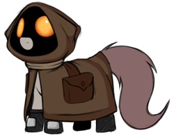 Size: 1224x954 | Tagged: safe, artist:lockheart, imported from derpibooru, oc, oc only, earth pony, pony, bag, cloak, clothes, explicit source, female, glowing, glowing eyes, hood, jawa, mare, ponified, saddle bag, simple background, solo, star wars, white background