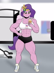 Size: 1702x2287 | Tagged: safe, artist:matchstickman, imported from derpibooru, pipp petals, anthro, pegasus, plantigrade anthro, abs, biceps, breasts, busty pipp petals, calves, cellphone, clothes, deltoids, female, g5, gym, mare, muscles, muscular female, phone, pump petals, shoes, solo, thighs, thunder thighs