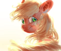 Size: 1080x903 | Tagged: source needed, safe, artist:zzugguri, imported from derpibooru, applejack, earth pony, female, gradient background, hatless, looking at you, looking back, looking back at you, mare, missing accessory, solo