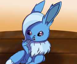 Size: 1800x1500 | Tagged: safe, artist:the crystal artist, derpibooru exclusive, imported from derpibooru, trixie, eevee, chest fluff, cute, ear fluff, female, fluffy, looking at self, missing horn, pokefied, pokémon, purple eyes, raised paw, random, shading, shocked, sitting, solo, species swap