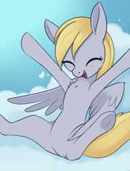 Size: 1720x2264 | Tagged: safe, artist:dusthiel, imported from derpibooru, derpy hooves, pegasus, pony, belly, cute, derpabetes, derpy day, eyes closed, featureless crotch, female, mare, open mouth, solo, spread wings, underhoof, wings