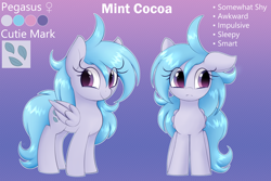 Size: 2400x1600 | Tagged: safe, artist:illusion, imported from derpibooru, oc, oc only, oc:mint cocoa, pegasus, abstract background, female, gradient background, reference sheet, solo, text