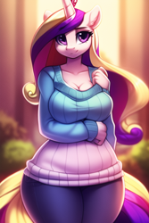 Size: 512x768 | Tagged: safe, imported from derpibooru, princess cadance, alicorn, anthro, ai content, ai generated, arm under breasts, breasts, cleavage, clothes, female, generator:novelai, generator:stable diffusion, solo, sweater, wide hips