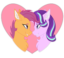 Size: 5009x4500 | Tagged: artist needed, safe, imported from derpibooru, scootaloo, starlight glimmer, pegasus, pony, unicorn, boop, chest fluff, crack shipping, duo, ear fluff, eyebrows, female, glimmerloo, heart, lesbian, looking at each other, looking at someone, mare, noseboop, older, older scootaloo, outline, shipping, simple background, smiling, smiling at each other, transparent background, white outline