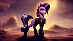 Size: 2688x1536 | Tagged: safe, generator:pony soup v2, imported from derpibooru, starlight glimmer, pony, unicorn, ai assisted, ai content, clothes, desert, female, generator:stable diffusion, jacket, leather, leather jacket, looking at you, mad max, mad max fury road, mare, post-apocalyptic, prompter:siber, scenery, sky, solo