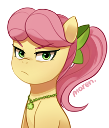 Size: 1914x2244 | Tagged: safe, artist:maren, imported from derpibooru, earth pony, pony, bow, eyebrows, eyebrows visible through hair, female, frown, g5, hair bow, high res, jewelry, karen, looking at you, mare, necklace, posey bloom, posey bloom is not amused, posey can't catch a break, signature, simple background, unamused, white background