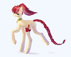 Size: 3102x2472 | Tagged: safe, artist:marsellies, imported from derpibooru, roseluck, earth pony, pony, braid, butt, collar, commission, commissioner:doom9454, cute, featureless crotch, pet tag, plot, ponytail, ribbon, rosepet, simple background, solo