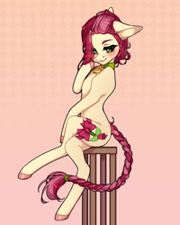 Size: 1200x1500 | Tagged: safe, artist:takic, imported from derpibooru, roseluck, earth pony, pony, alternate hairstyle, braid, collar, commission, commissioner:doom9454, crossed legs, cute, pet tag, pony pet, ribbon, rosepet, sitting, solo