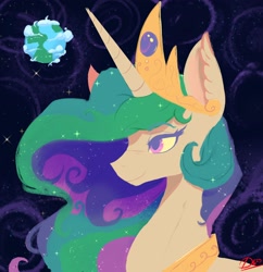 Size: 3000x3100 | Tagged: safe, artist:thelunarmoon, imported from derpibooru, princess celestia, alicorn, pony, bust, crown, earth, female, horn, jewelry, mare, peytral, regalia, solo, space