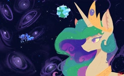 Size: 4096x2521 | Tagged: safe, artist:thelunarmoon, imported from derpibooru, princess celestia, princess luna, alicorn, pony, crown, duo, duo female, earth, female, galaxy, hoof shoes, jewelry, mare, peytral, regalia, royal sisters, shrunken pupils, siblings, sisters, size difference, space, spread wings, wallpaper, wide eyes, wings