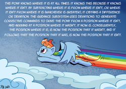 Size: 2047x1447 | Tagged: safe, artist:pony-berserker, imported from derpibooru, rainbow dash, pegasus, pony, cloud, female, flying, mare, meme, sky, solo, text, the missile knows where it is, wall of text