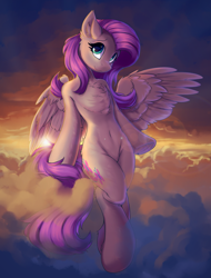 Size: 3112x4096 | Tagged: safe, artist:ravistdash, imported from derpibooru, fluttershy, pegasus, semi-anthro, belly, belly button, bipedal, chest fluff, cloud, ear fluff, female, leg fluff, mare, sitting, smiling, solo, spread wings, sunset, underhoof, wallpaper, wing fluff, wings