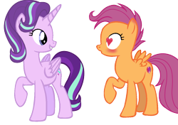 Size: 1036x728 | Tagged: safe, artist:scootadash4ever, derpibooru exclusive, imported from derpibooru, scootaloo, starlight glimmer, alicorn, pegasus, pony, 2023, alicornified, blushing, duo, ear blush, female, folded wings, glimmerloo, heart, heart eyes, lesbian, looking at each other, looking at someone, love at first sight, mare, older, older scootaloo, open mouth, race swap, raised hoof, shipping, show accurate, simple background, smiling, spread wings, starlicorn, teeth, transparent background, wingboner, wingding eyes, wings, xk-class end-of-the-world scenario