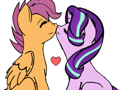 Size: 680x503 | Tagged: artist needed, safe, derpibooru exclusive, imported from derpibooru, scootaloo, starlight glimmer, pegasus, unicorn, colored, crack shipping, cute, cutealoo, duo, female, flat colors, folded wings, glimmerbetes, glimmerloo, heart, lesbian, nuzzling, older, older scootaloo, shipping, simple background, sitting, smiling, transparent background, wings