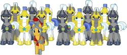 Size: 517x226 | Tagged: safe, artist:pascalmulokozi2, edit, edited screencap, imported from derpibooru, screencap, flash magnus, earth pony, pegasus, pony, unicorn, a rockhoof and a hard place, armor, army, background removed, male, not a vector, pegasus royal guard, royal guard, simple background, stallion, transparent background, unicorn royal guard