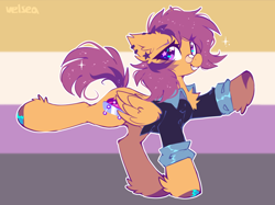 Size: 1150x860 | Tagged: safe, artist:mirtash, imported from derpibooru, scootaloo, pegasus, pony, alternate cutie mark, bandaid, bandaid on nose, cute, cutealoo, ear piercing, earring, female, grin, jewelry, mare, nonbinary, nonbinary pride flag, older, older scootaloo, piercing, pride, pride flag, smiling, solo, unshorn fetlocks