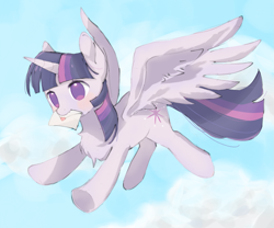 Size: 1301x1080 | Tagged: safe, artist:回忆里的糖, imported from derpibooru, twilight sparkle, alicorn, pony, chest fluff, cloud, female, flying, letter, love letter, mare, mouth hold, solo, spread wings, twilight sparkle (alicorn), wings