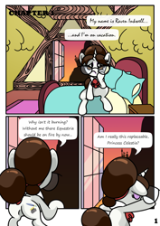 Size: 1446x2039 | Tagged: safe, artist:pony4koma, imported from derpibooru, princess celestia, raven, pony, unicorn, comic:paidvacationdays, bed, bedroom, canterlot, comic, comic page, cute, cutie mark, depressed, dialogue, female, flank, glasses, hair bun, leaning, makeup, mare, necktie, open window, ponyville, ravenbetes, sad, sadorable, secretary, sitting, speech bubble, sunset, window