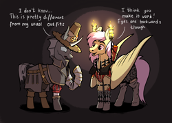 Size: 2078x1500 | Tagged: safe, artist:28gooddays, imported from derpibooru, oc, oc only, oc:cables, oc:coxa, changeling, pegasus, pony, anisocoria, armor, bright wizard, candle, chains, changeling oc, clothes, coat, crossover, dialogue, fangs, fire, inquisitor, male, pegasus oc, reference to another series, smiling, warhammer (game), warhammer fantasy, witch