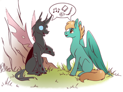 Size: 2000x1502 | Tagged: safe, artist:28gooddays, imported from derpibooru, oc, oc only, oc:coxa, oc:silent night, changeling, pegasus, pony, anisocoria, book, changeling oc, conversation, fangs, grass, looking at each other, looking at someone, male, music notes, paintbrush, pegasus oc, red changeling, simple background, sitting, smiling, speech bubble, tree, white background